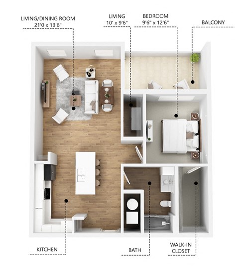 Floor plan for 1 bed, 1 bath, 815 sqft